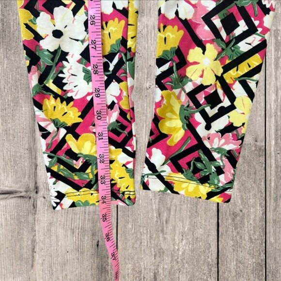 LuLaRoe Leggings Women OS Black White Pink Yellow Floral Poppies Trellis Lattice - Picture 7 of 10